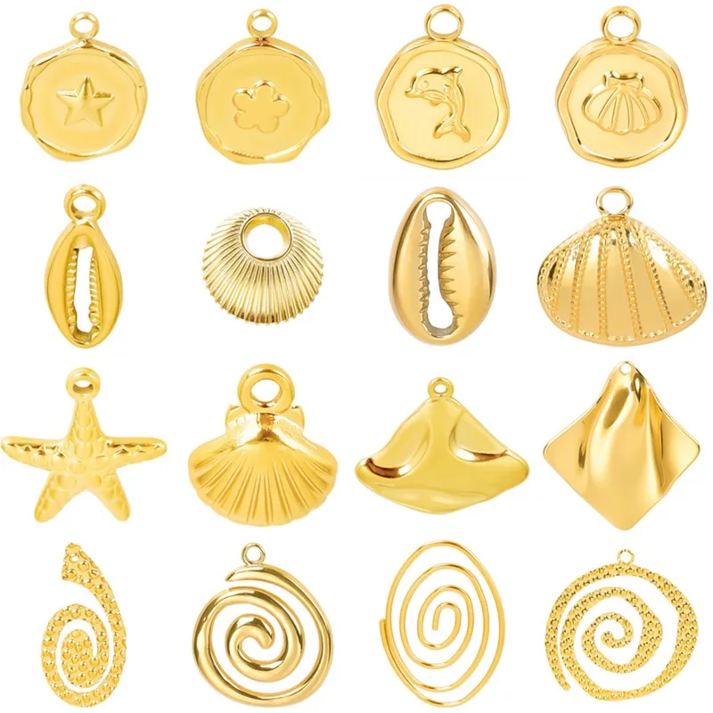 6pcs New Sea Animal Charm Starfish Shell Stainless Steel Charms For Jewelry Making Supplies Real Gold Plated Conch Pendant Bulk