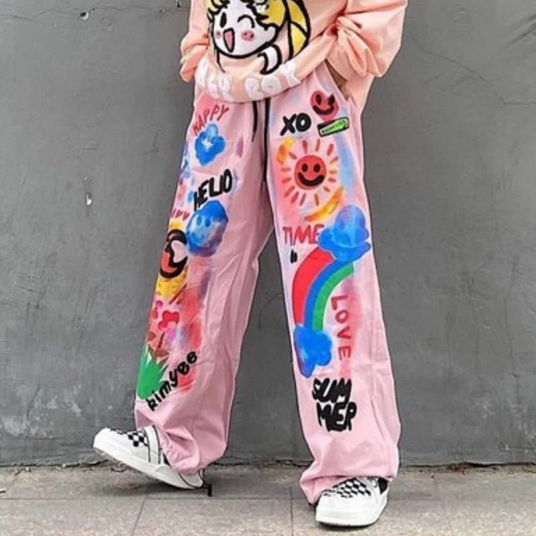 Graffiti cartoon print autumn hip-hop street loose straight leg pants printed wide leg pants suitable for men and women