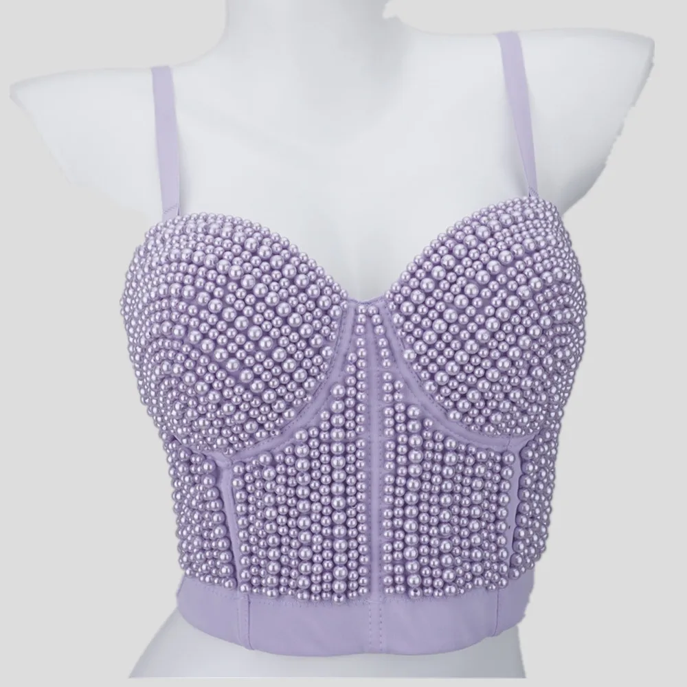 Luxury Pearl Beading Camisole Women Night Club Party Sexy Tanks Female Backless Cropped Tops Push up Bustier Bra Tube Top Y3374