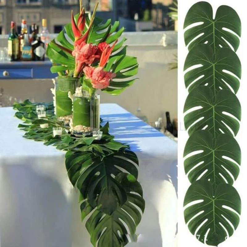 12pcs Artificial Tropical Palm Leaves Hawaiian Luau Safari Jungle Party Summer Wedding Birthday Home Table Decor Fake Plant