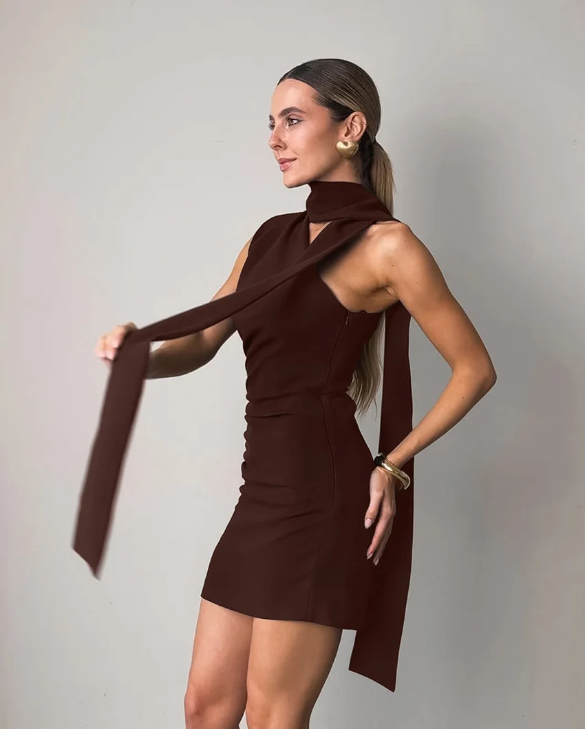 Elegant Knit Ribbon Decoration Dresses Spring Women Sleeveless Sloping Shoulder Irregular Dress Autumn High Waist Mini Dress