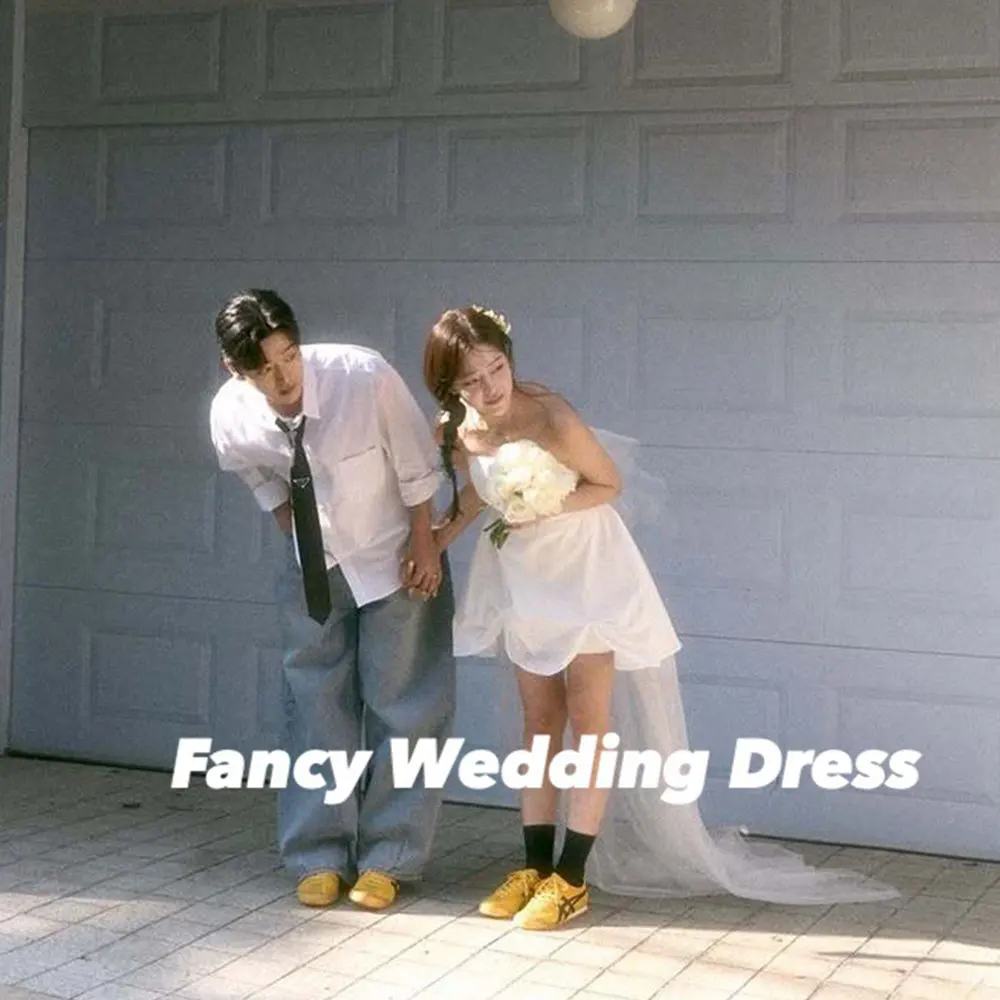 

Fancy Cute Mini Taffeta Korea Wedding Dress Summer Evening Dress With Tulle Tail A Line Photo Shoot 웨딩드레스 Customized
