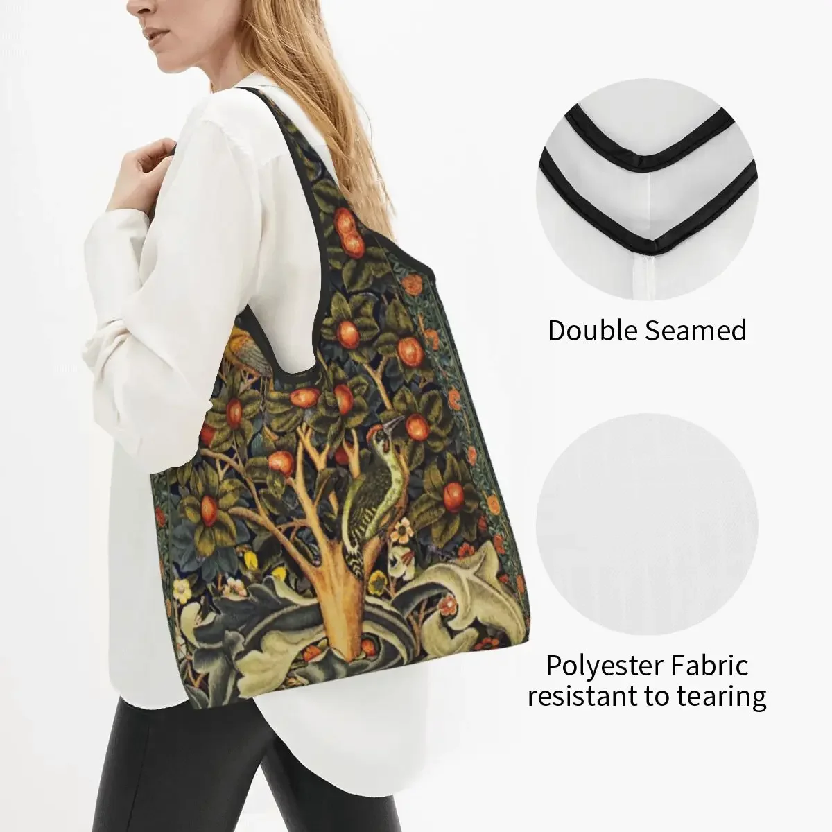 Custom William Morris Woodpecker In Fruit Tree Shopping Bags Portable Grocery Birds Rabbits Floral Shopper Tote Bags