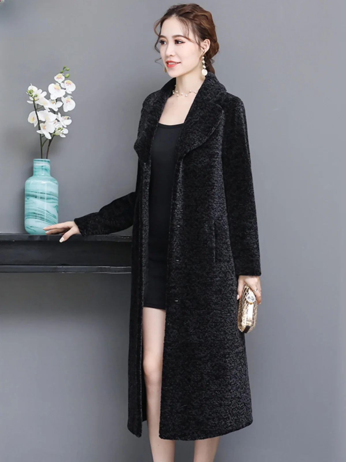 

Lamb Fur Coat Women's Long Over-Knee Mom Style Fashion Loose Suit Collar Long Sleeve Woolen Coat Comfortable Warm Korean Version