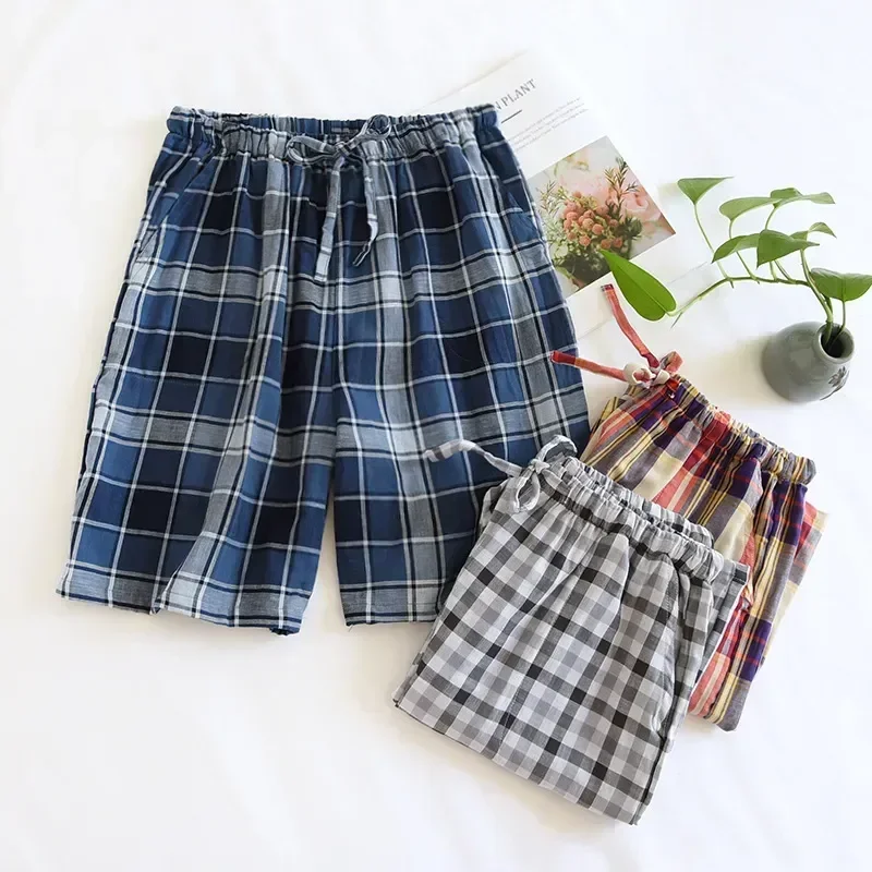 New Men's Elastic Drawstring Pajama Sleep Loose-fitting Bottoms Waist Summer Mens Blue Lounge 2023 Home Loose Shorts Pants Plaid