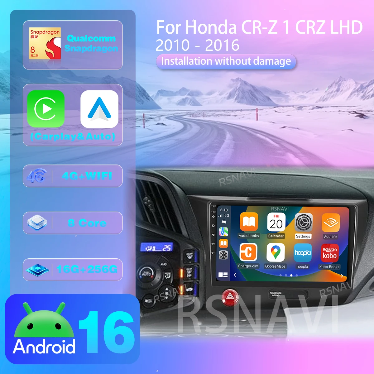 RSNAVI Android 16 For Honda CR-Z 1 CRZ LHD 2010 - 2016 Carplay Auto Qualcomm Screen Car Radio Player 360 Camera Wireless