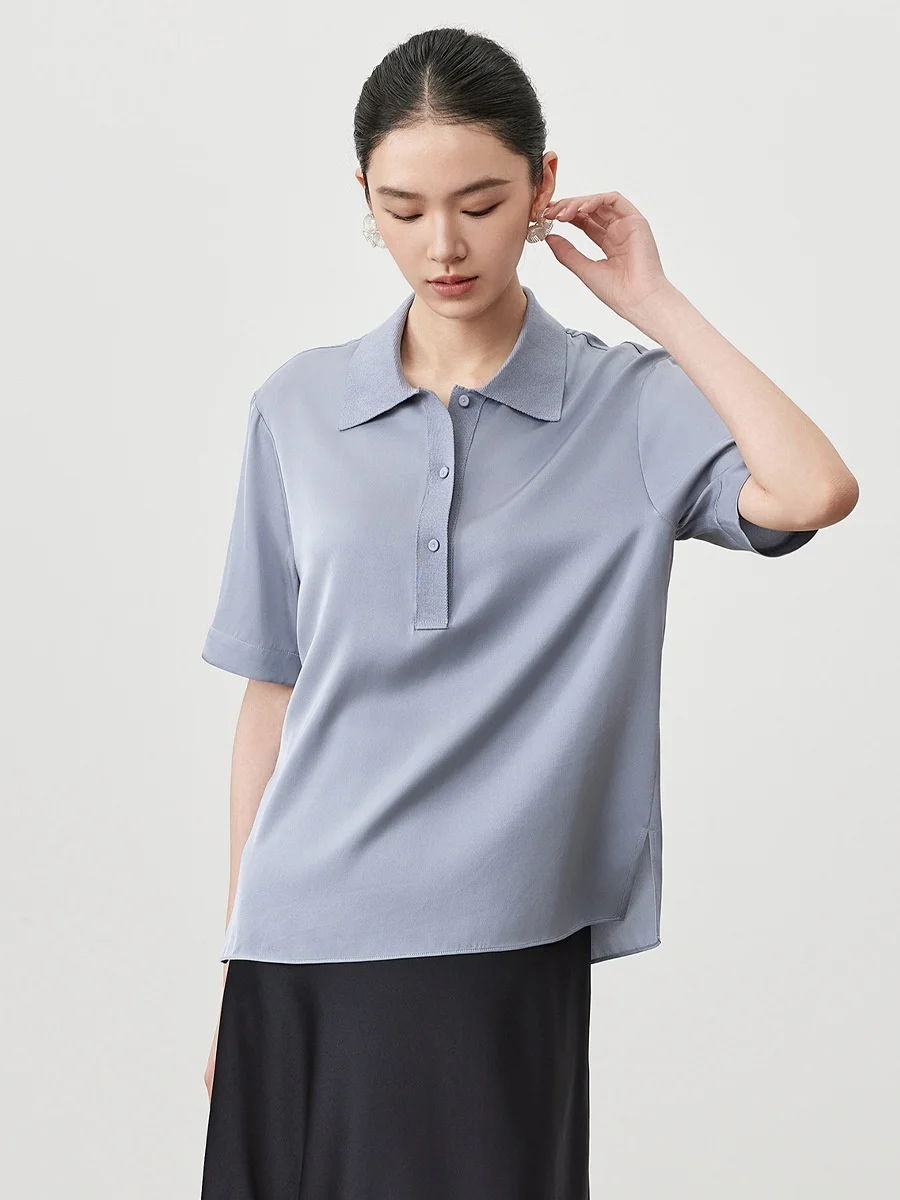 Birdtree, 90% Real Silk 10% Spandex T shirt,Lapel Basics Solid Casual Tops, Women Short Sleeve Shirt, 2026 Spring New T62239JF