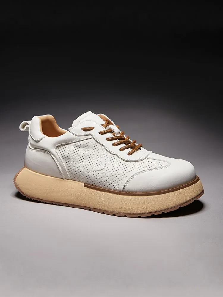 Fashion Men Daily Wear Genuine Leather Breathable Patchwork Round Toe Casual Shoes Versatile Horsehide Platform Lace Up Sneakers