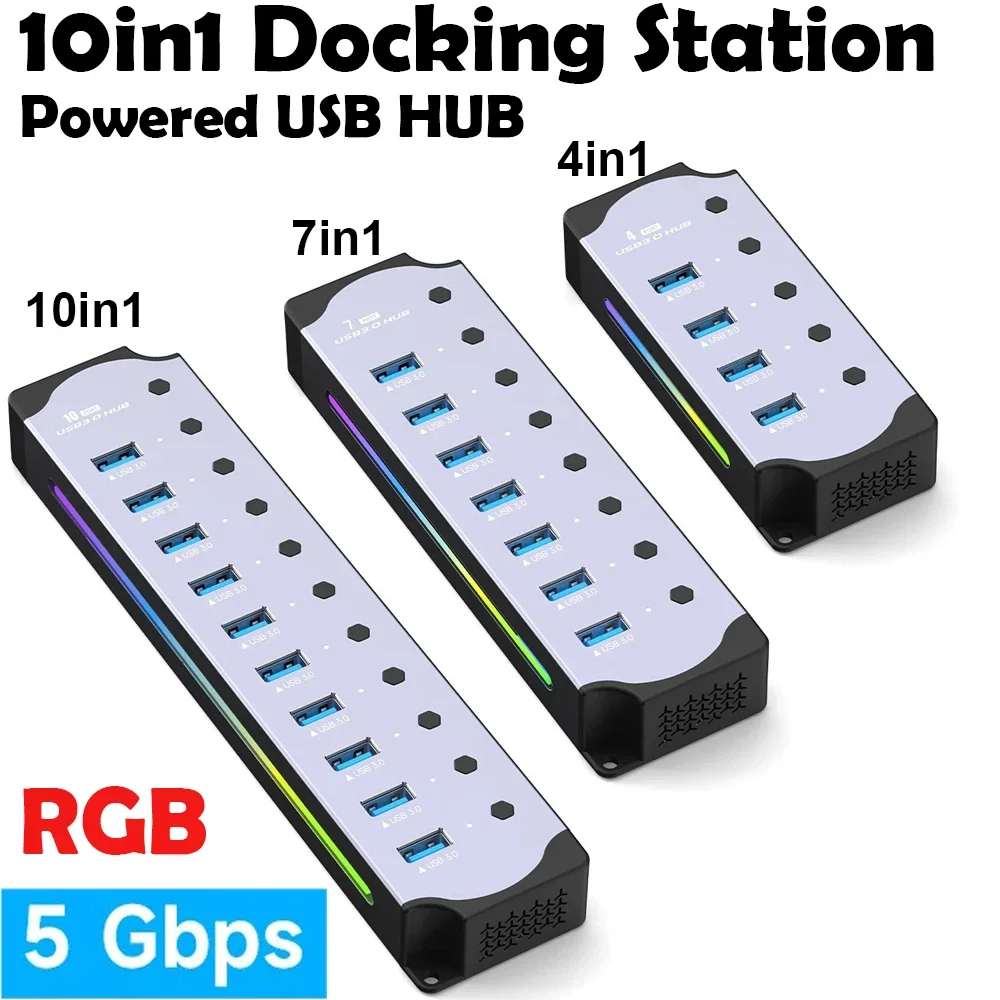 10 in 1 Powered USB HUB USB 3.0 Port Individual Switch RGB Light E-Marker Heat Dissipation Design DC 5V Power Supply Adapter