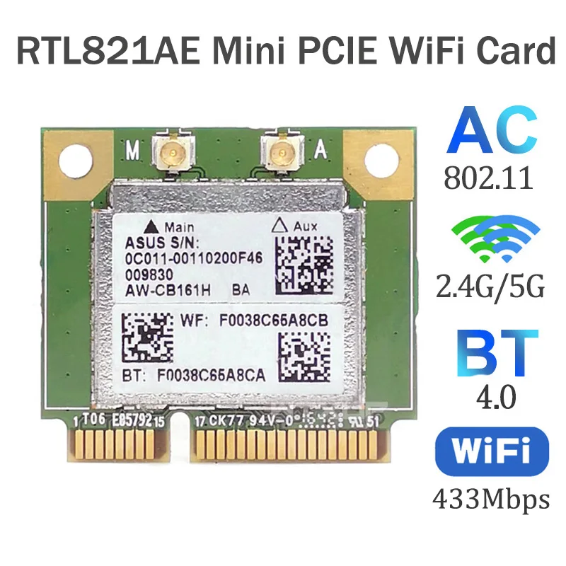 

Realtek RTL8821AE AW-CB161H Wifi Wlan Card Bluetooth 4.0 Combo Wireless Half Mini PCI-E Adapter 433Mbps 802.11ac