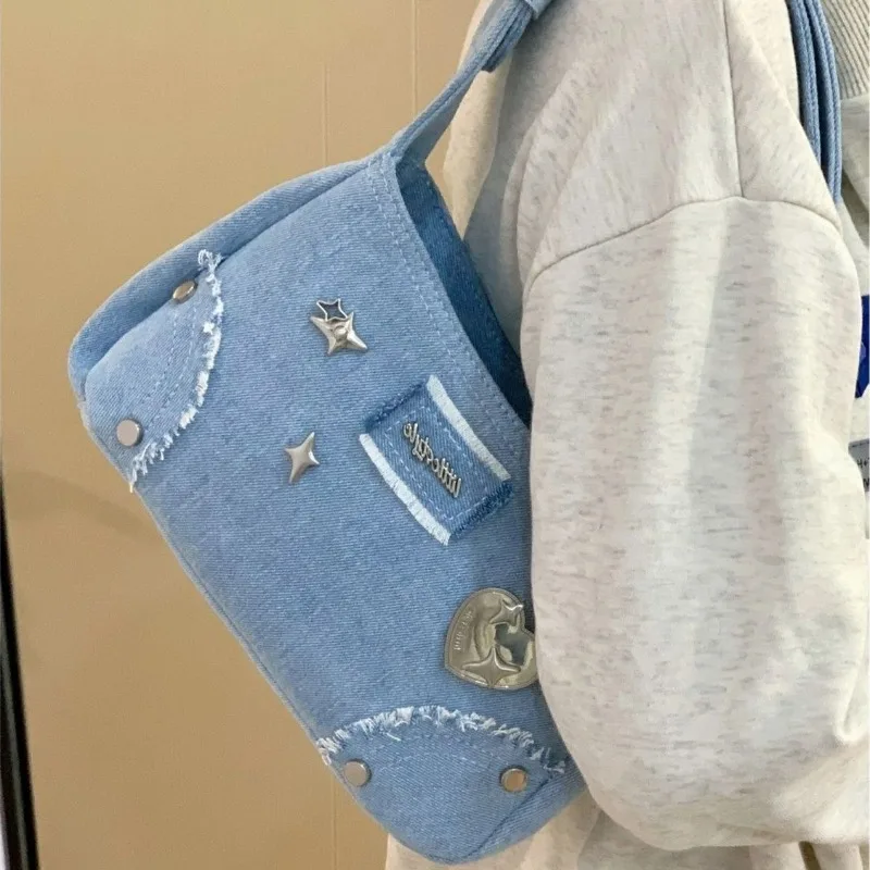 Fashion Y2K Bags 2024 New Chic Design Denim Blue Shoulder Bags for Women Harajuku Trendy Rivet Underarm Bag Bolso сумка