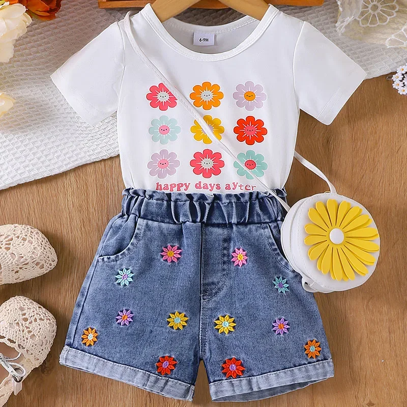 

Summer Baby Girl Clothes Korean Fashion Flowers Print Sleeveless Cotton White Tops+Denim Shorts+Bag Kids Boutique Clothing B132