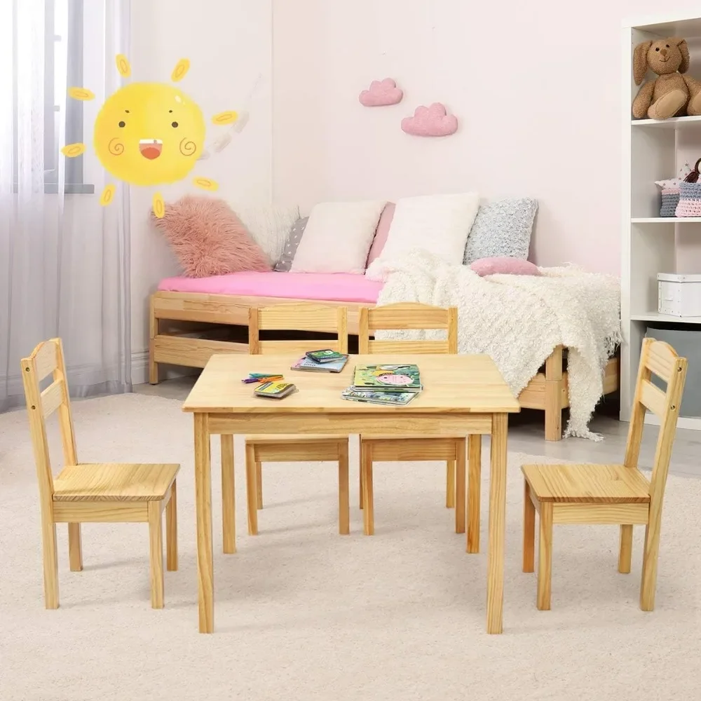 Juego de mesa y silla de madera para niños, mesa y sillas de actividades para niños, artes, manualidades, tarea, tiempo de aperitivos, 5 piezas