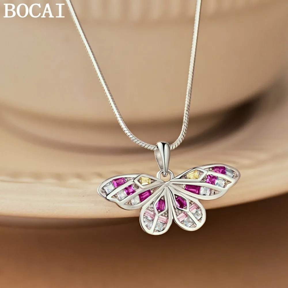 

Новый кулон-бабочка BOCAI из чистого серебра S925, модный и простой, с инкрустацией цветными цирконами