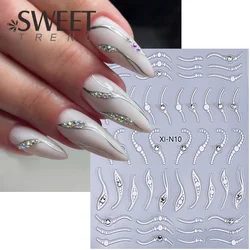 3D Rhinestones Gold Silver French Nail Art Stickers Retro Wave Simple Line Design Adhesive Slider Decals DIY Manicure Decoration