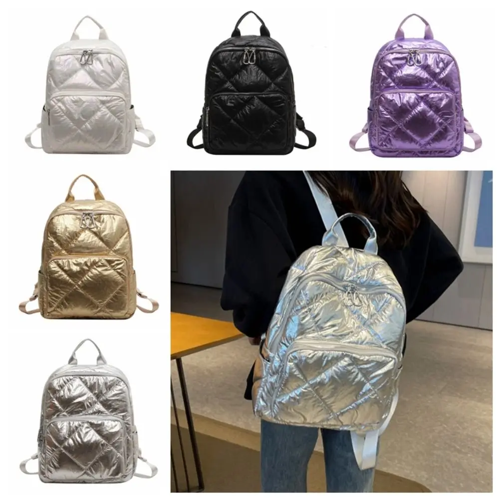 Solid Color Space Cotton Backpack Nylon Pleated Bubble Shoulder Bag Large Capacity Adjustable Shoulder Strap Student Schoolbag