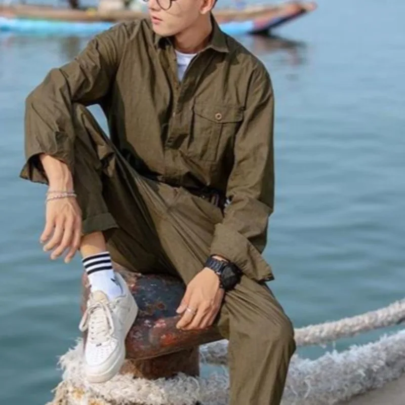 Men's Retro Japanese Workwear Jumpsuit Set Short Sleeve Streetwear Outfit Trendy Jumpsuit Pants for Men