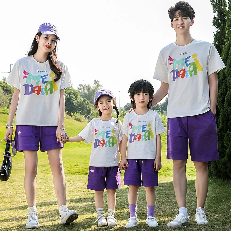 

2024 Summer Family Matching Outfit Parent-child Clothes Father Mother and Daughter Son Cotton T Shirts + Shorts Two Piece Sets