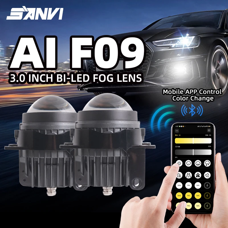 SANVI 3 Colors Bi Led Fog Lenses Bluetooth Control Color for 12V Car LED Fog Driving Lamp Honda Renault Peugeot Fog Headlight