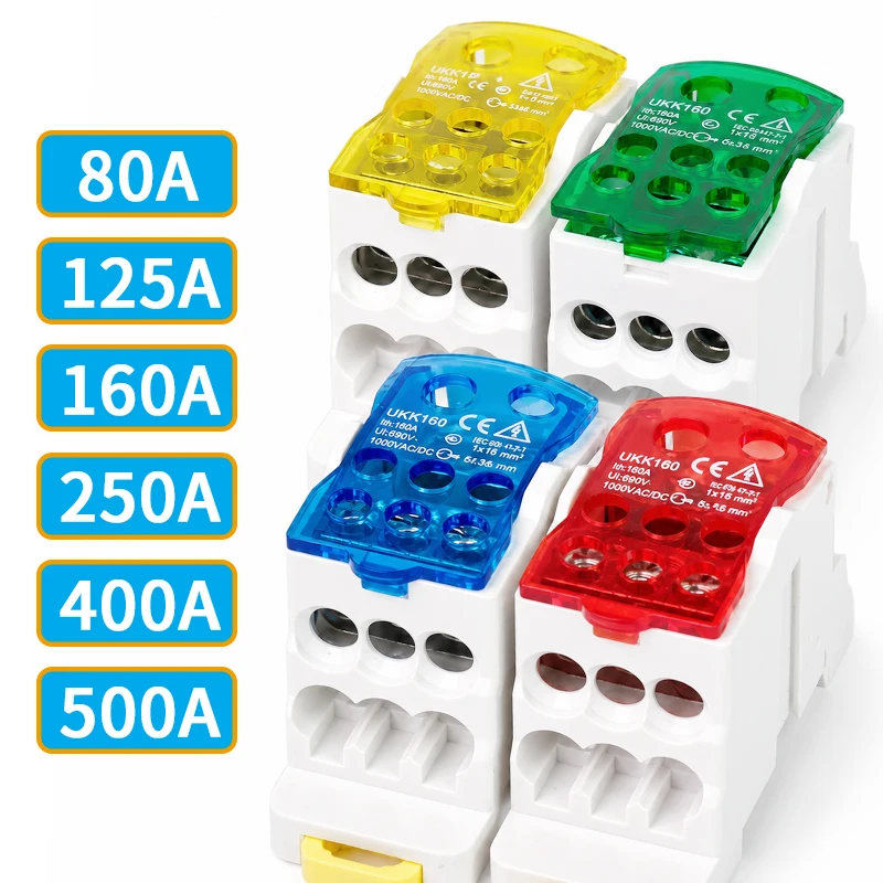 UKK 80A 125A 160A 250A 400A 500A DIN Rail Power Distribution Block Single Pole Junction Box Electrical Wire Terminal Connector