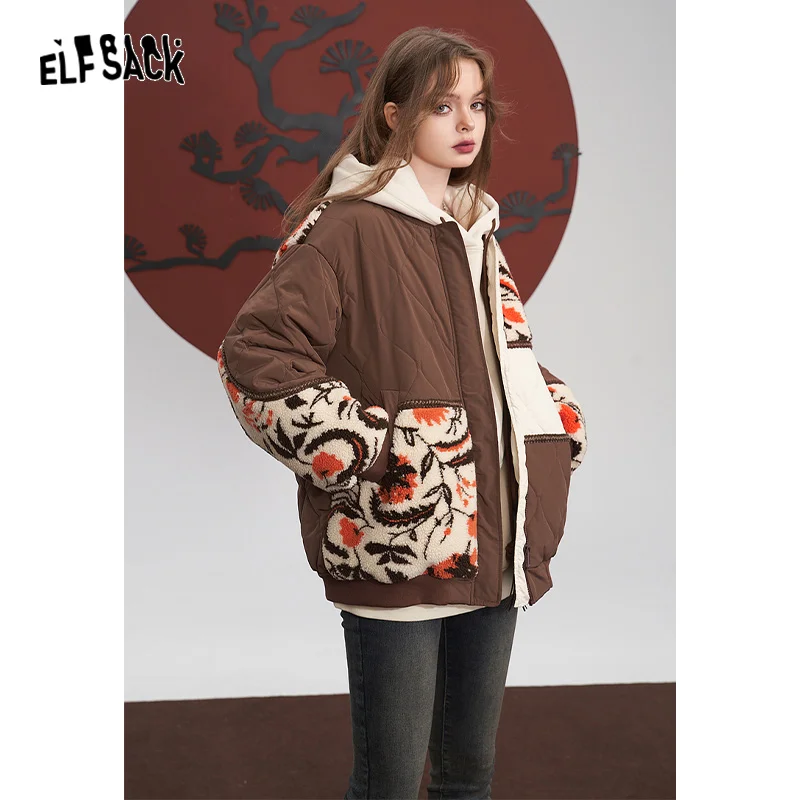 ELFSACK Spliced Cotton Coats Women 2023 Winter New Loose Rhombus Designed Jackets