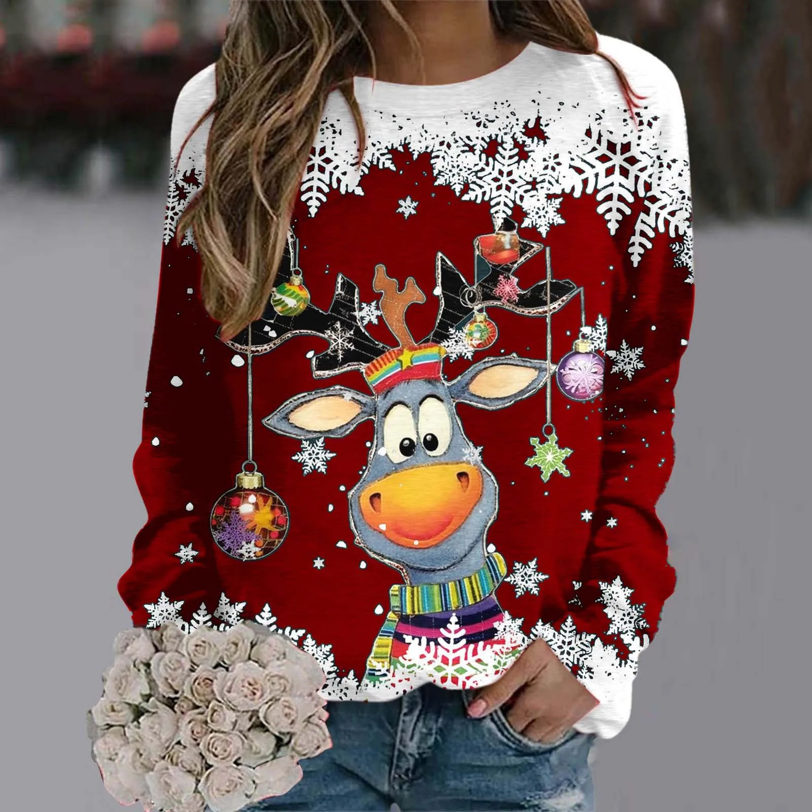 Women's Sweatshirt Designer Round Neck Long Sleeve Loose Fashion Casual Christmas Reindeer Snowflake Pattern Printed Top 2024