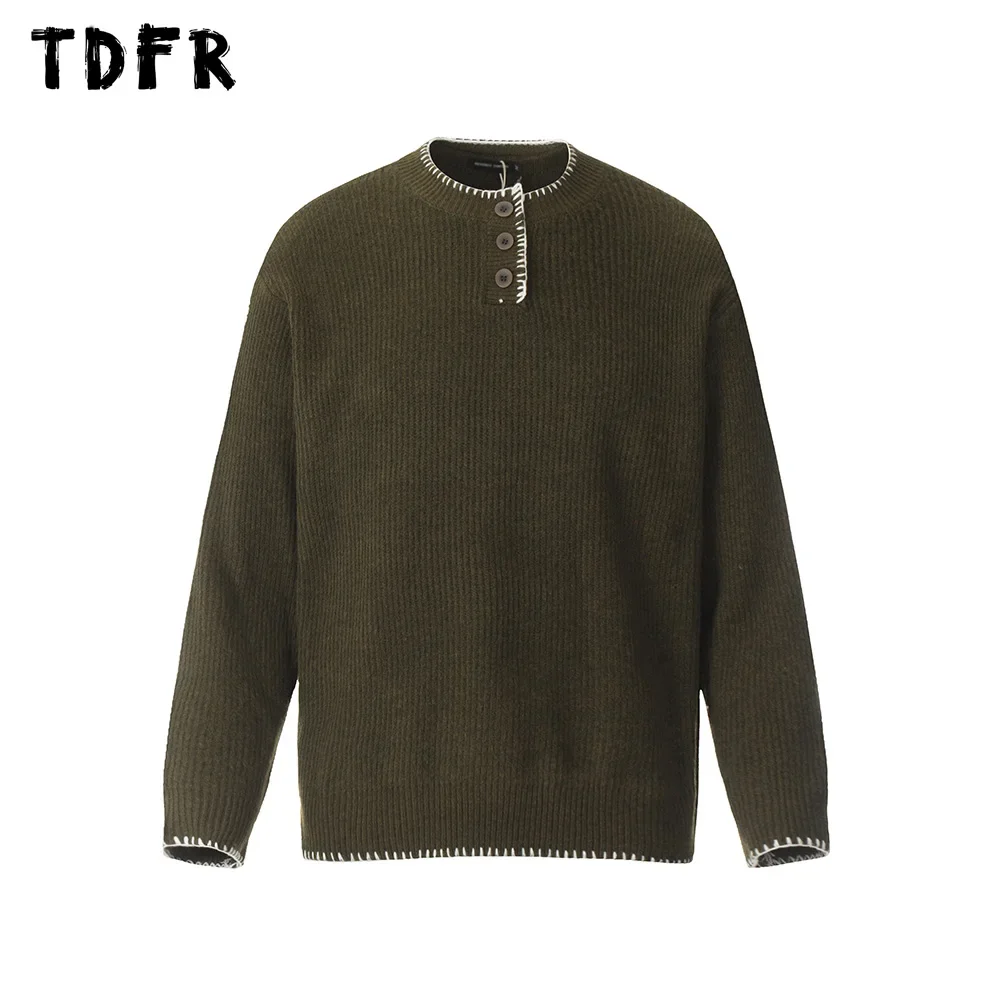 Henley Collar Knitted Sweater Mens Embroidery Autumn Winter Streetwear Loose Long Sleeve Pullover Men