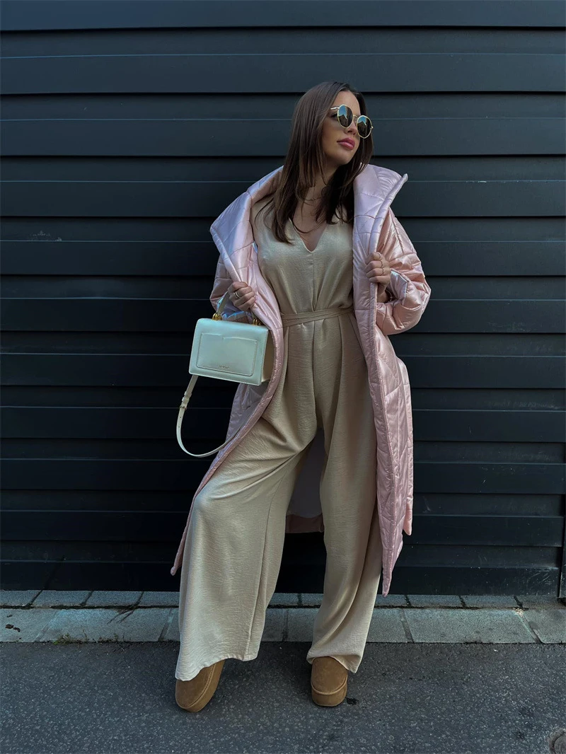 気質通勤レディースジャンプスーツ2025夏新作無地タイウエストディープVネックカジュアルジャンプスーツワイドレッグパンツ