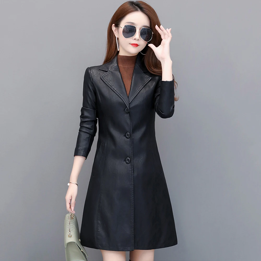 New Women Spring Autumn Leather Coat Fashion Turn-down Collar Single Breasted Slim Sheepskin Coat Split Leather Black Jacket