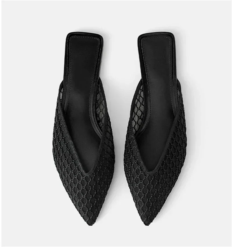 Women's Pointed Toe Slippers 2024 Summer Designer Mesh Beach Flat Shoes Slides Outside Mules Gladiator Sandals Zapatos De Mujer image 2