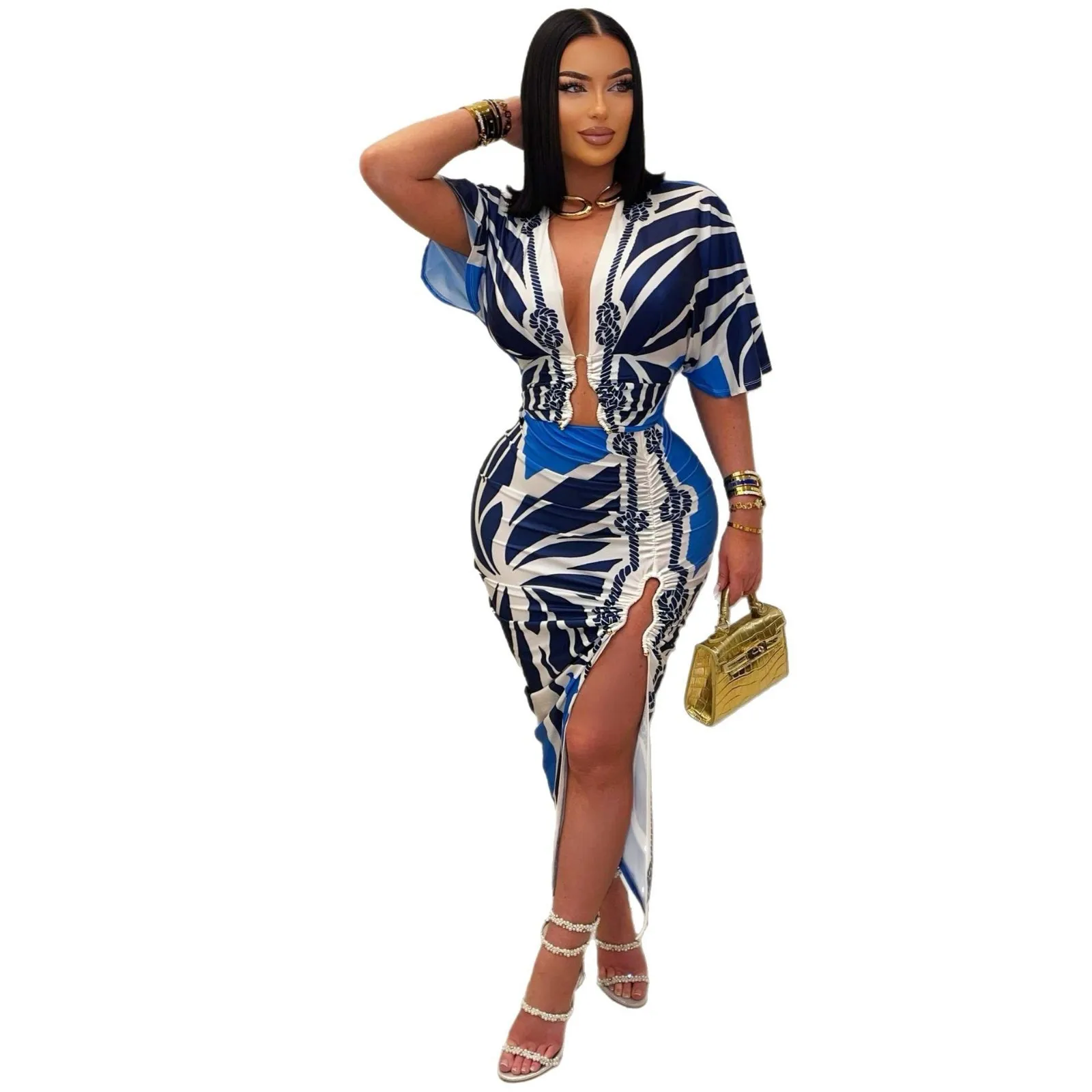 Sister Star Dames Sexy Spice Girls V-hals Korte mouw Dun Slank Slank Pakket Hip Gedrukt Split Temperament Commuter Jurken