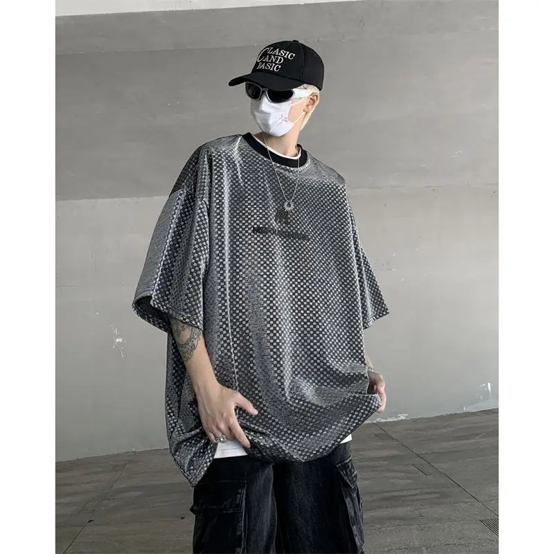 

Simple Checkerboard Letter Printing T-shirts for Men's Summer O-neck Short Sleeves Thin Retro Tees Loose Casual Fashion Tops
