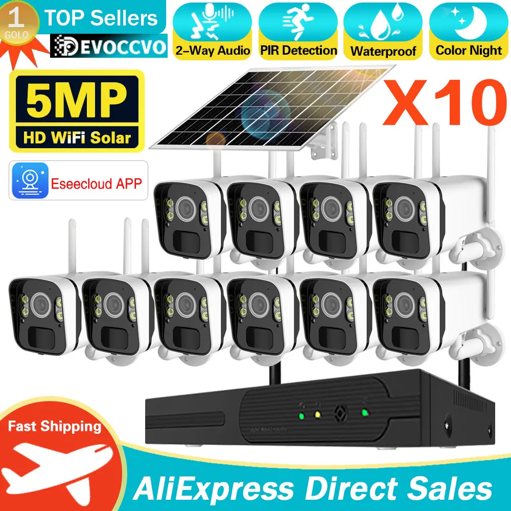 

10CH 5MP NVR Wireless Solar Panel Battery WIFI Camera WiFi NVR Video Surveillance Security System Kit With PIR Detection Monitor