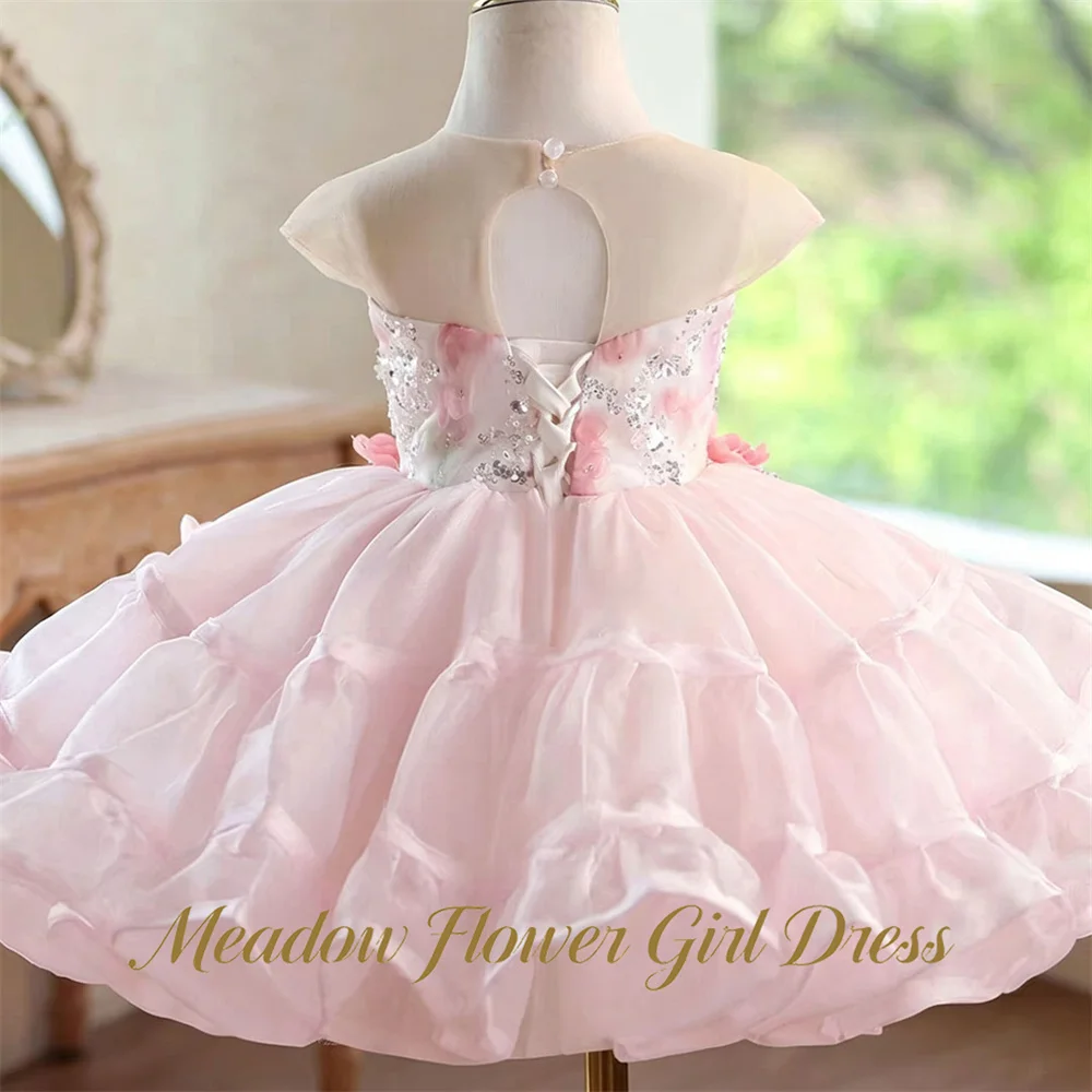 Meadow Rhinestone Beaded Flower Girl Dress Floral Waist Kids Birthday Party Dress Chain Draping Tutu Fluffy Prom Gown Customized
