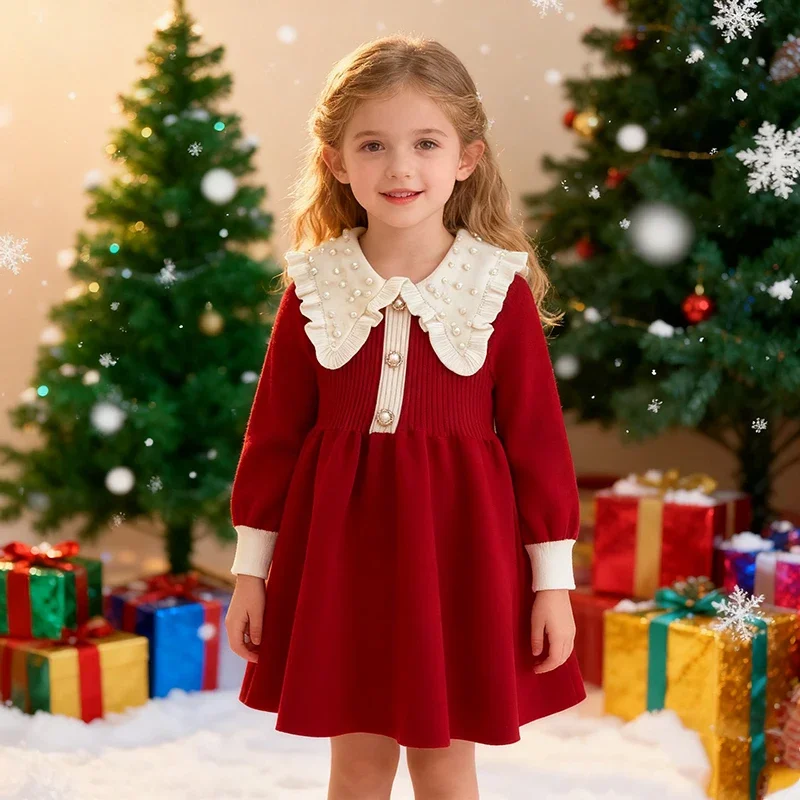 

2025 Toddler Girl Winter Clothes Kids Knitwear Children's Dresses Lapel Dress Christmas Baby Girls Sweater Dress Knitted Sweater