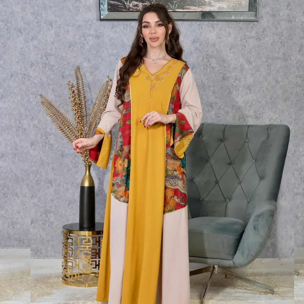 UNI 2025 Eid musulman Abaya femmes Robe de soirée col en v imprimé couleur bloquée robes longues Abayas robes Largos caftan Robe