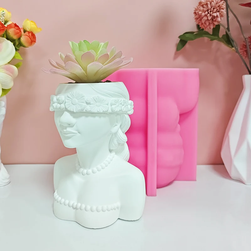 Flower Wreath Blindfolded Girl Figure Flower Pot Silicone Mold DIY Cement Plaster Succulent Plant Mold Pearl Necklace Vintage Girl Flower Vessel Handmade Casting Mold