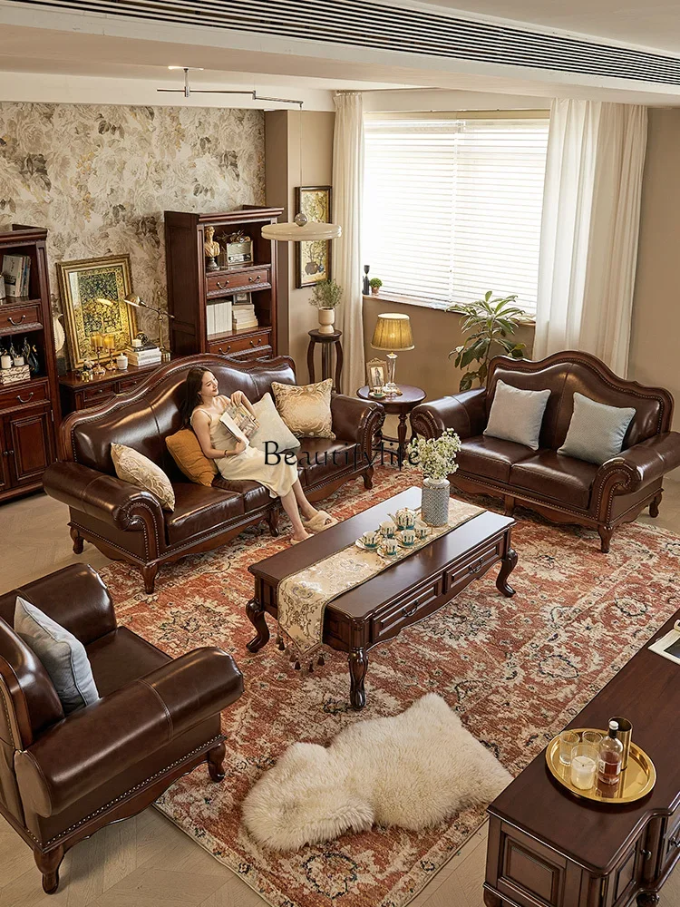 

yj21 American neoclassical gold silk teak all solid wood leather sofa combination