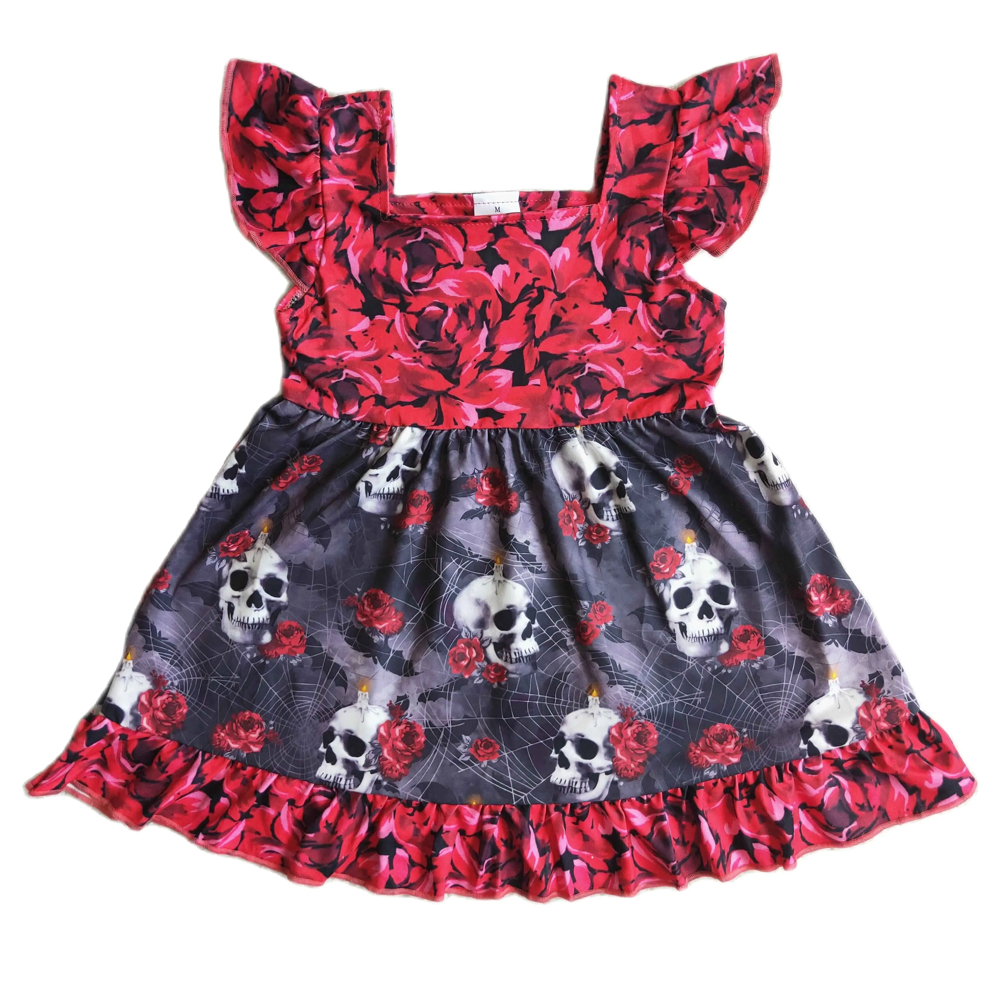 Halloween Baby Girls Rose and Skull Designer Pearl Sleeve Knee Length Dress Fall Outfits Boutique Wholesale RTS