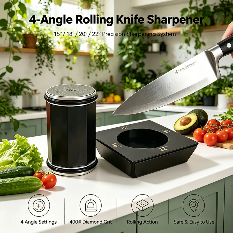 New Professional Octagonal Roller Knife Sharpener 4-Angle 15/18/20/22° Diamond Grinder Wooden Base With Magnet Sharpening System