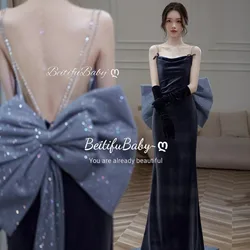 BeitifuBaby Fish Tail Evening Dress for Women Palace Style Backless Bow Chain Sling Banquet Gown Velvet Women's Formal Dresses