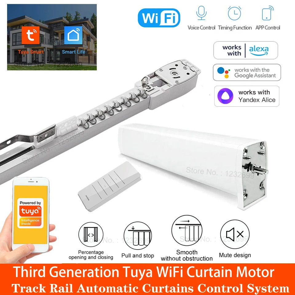 The 3 Generation Shorter Tuya Smart WiFi Curtain Motor with Custom Electric Curtains Rail Track Automatic Remote Control System