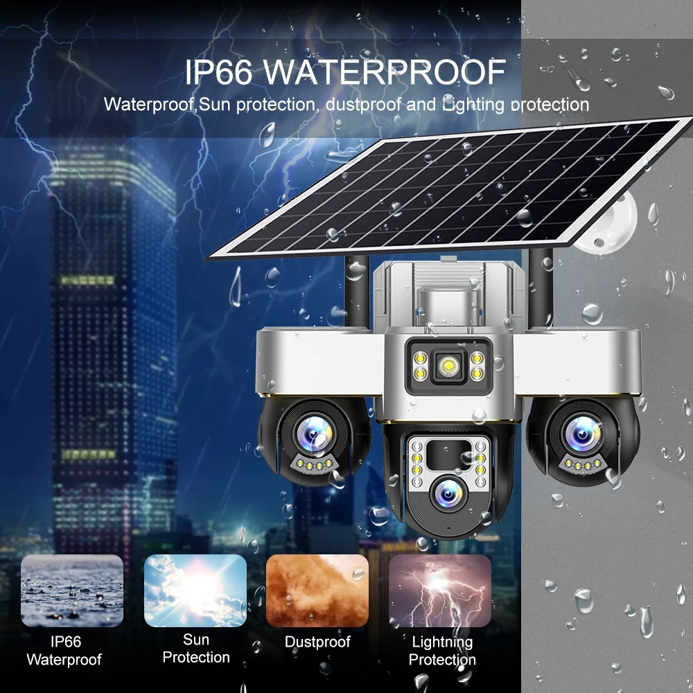 4G Solar Cameras Outdoor Three Lens Three Screen 15MP Support PTZ Control 10X Zoom Security Battery Surveillance V380 Pro Camera