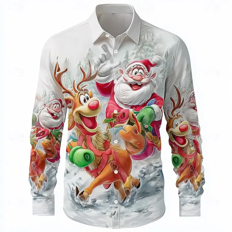 Camisa de manga larga con estampado de alces navideños de dibujos animados para hombre, Top informal con solapa, camisas con patrón de Papá Noel en 3D, ropa de Navidad