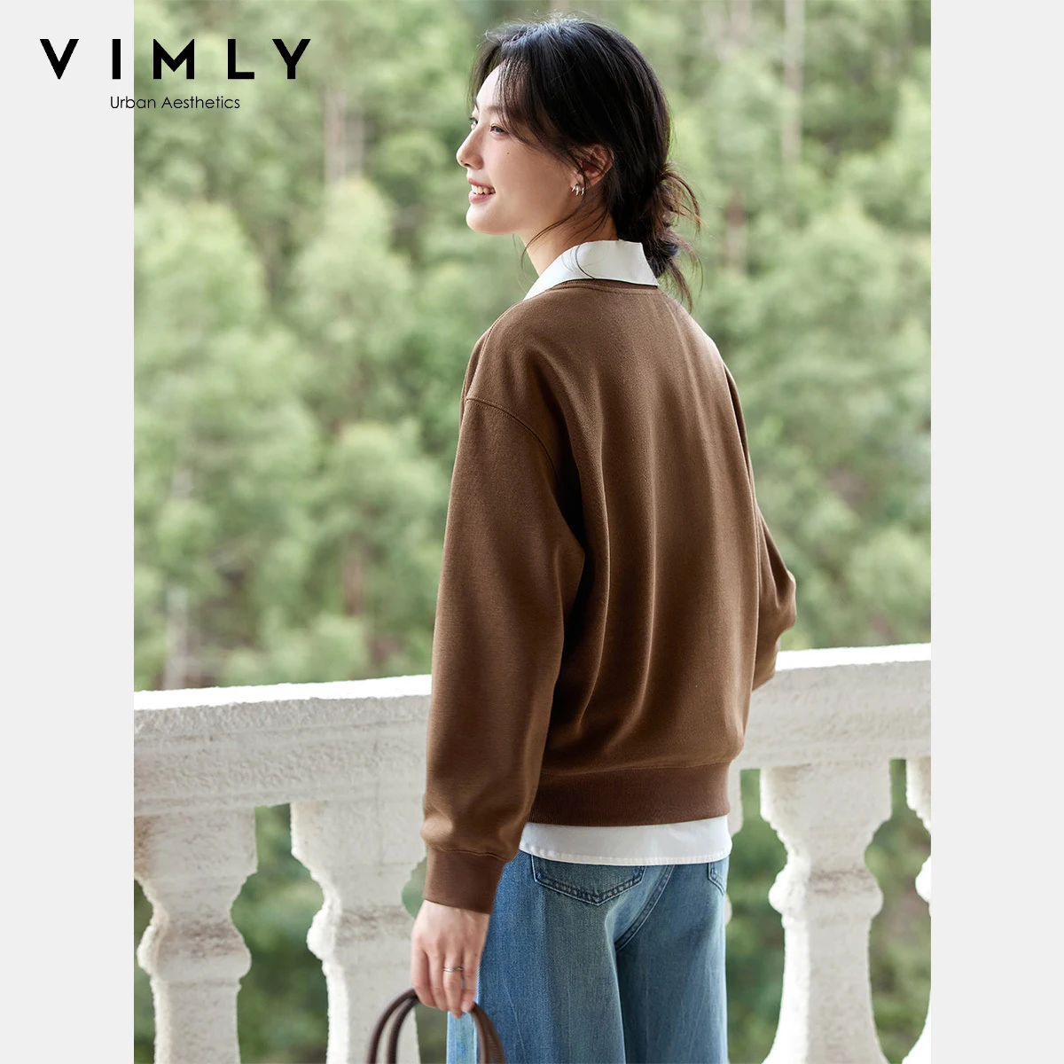 VIMLY Brown Sweatshirt Women Autumn 2025 Casual Floral Print Long Sleeve Tops for Woman Loose Round Neck Ladies Sweater A2511