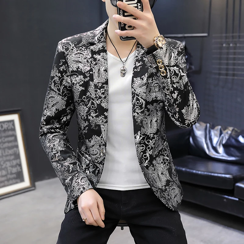 

Молодежный приталенный мужской костюм Gold Emed, весенне-осенний однобортный костюм с цветочным узором, модный костюм Briti Sle