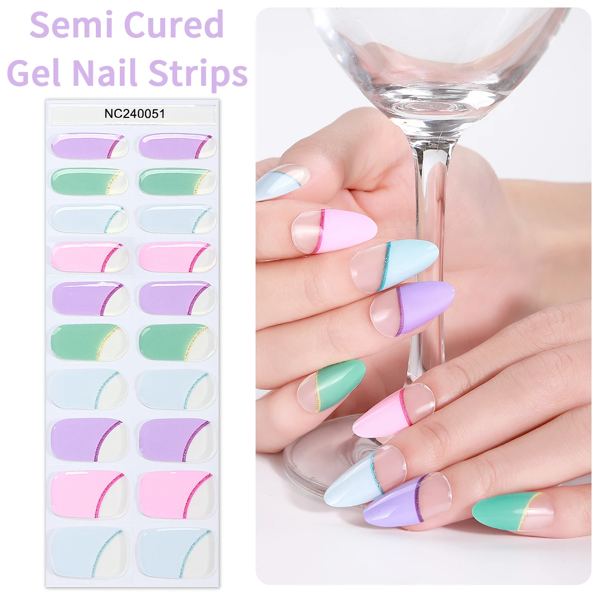 20Tips French Semi-Cured Gel Nail Wraps Colorful Adhesive Waterproof Long Lasting Gel Nails Stickers for UV Lamp Need Manicure