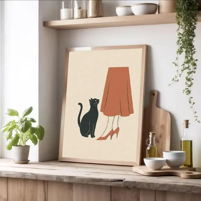 Minimalist Cat Line Sketch Croissant Grocery Bag French Kitchen Poster Canvas Painting Wall Art Pictures Home Bedroom Decor
