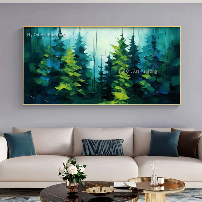 Dark Green Forest Thick Oil Painting Hand Painted On Canvas Tree Landscape Wall Art  For Living Room Bedroom Decor As Best Gift