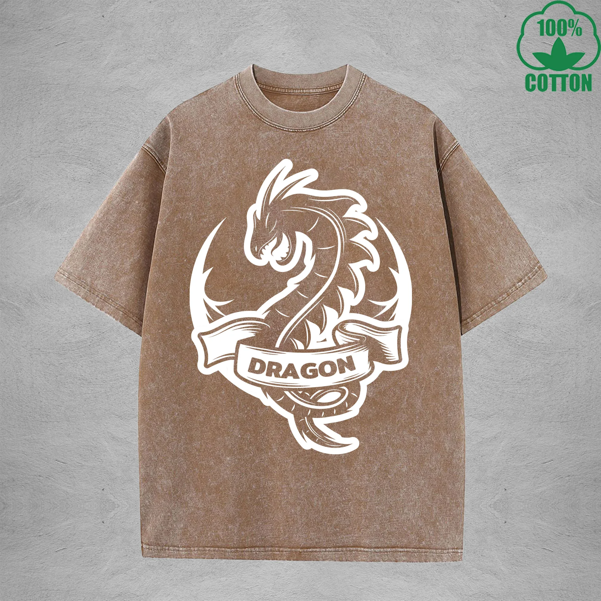 Dragon Emblem Interest Printed Washed T-Shirt 230G Multicolor Loose Trendy Fashionable Cotton Short Sleeve Top